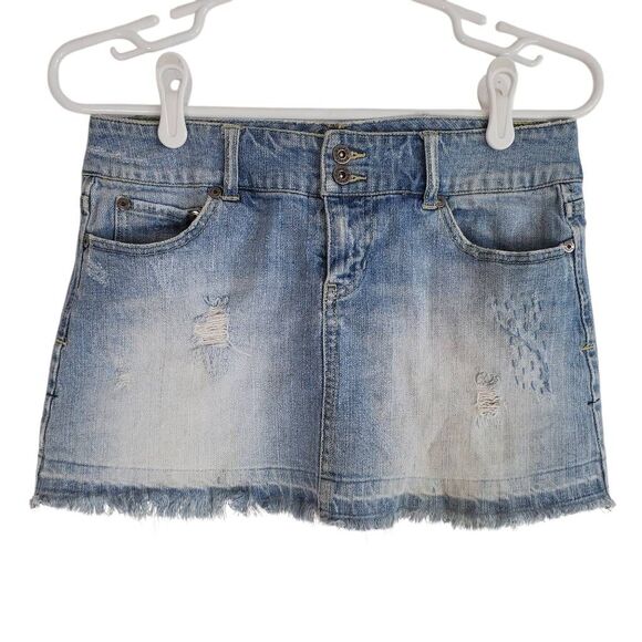 Vintage Havana Distressed Frayed Hem Denim Mini Skirt Blue Medium - Picture 1 of 12